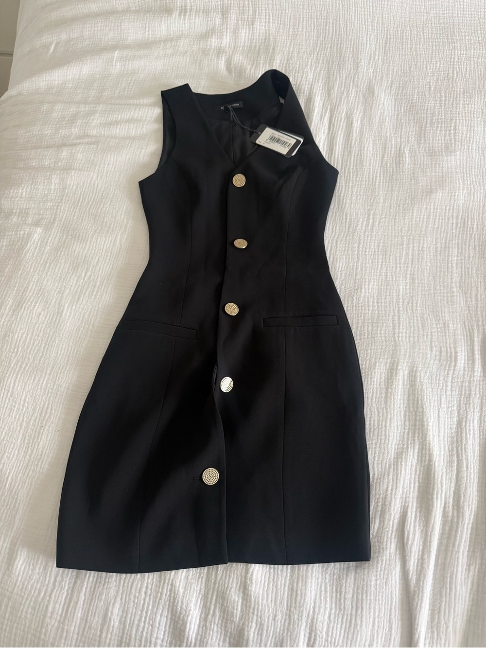 A/X Armani Exchange Black Sleeveless V-Neck Mini Dress with Silver Buttons - Picture 3 of 5